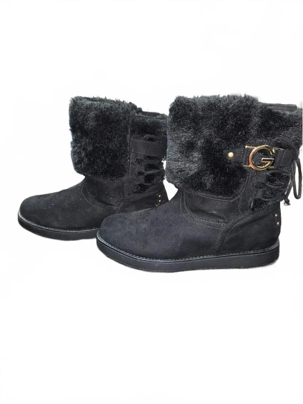 Guess Black Suede and Faux Fur Winter Boots with Gold G Logo